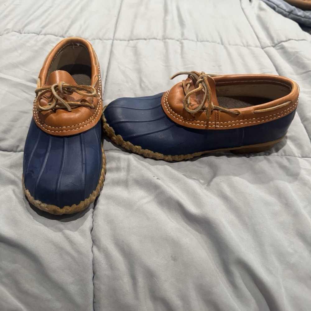 LL Bean Shoes Women's 8M Tan Blue Rubber Mocs Duck Low Boots Vtg Waterproof USA